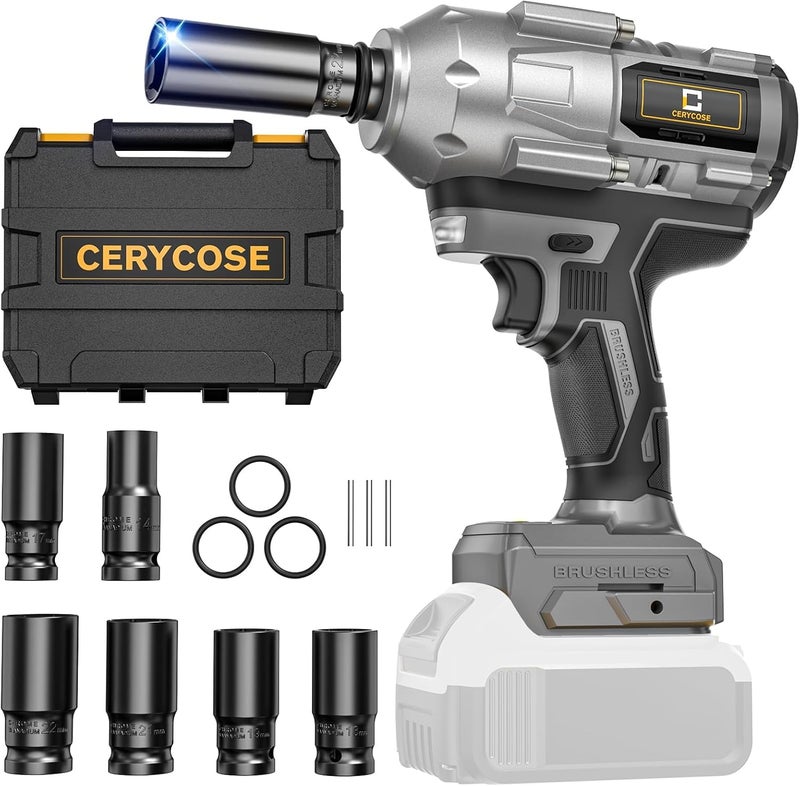 Cerycose Cordless Impact Wrench 1/2 inch for Dewalt Battery 900FT-LBS with 6 Sockets and Durable Toolbox Brushless Impact Gun Includes LED Work Light (950Ft-lbs Wrench with 6 Sockets) - Image 1